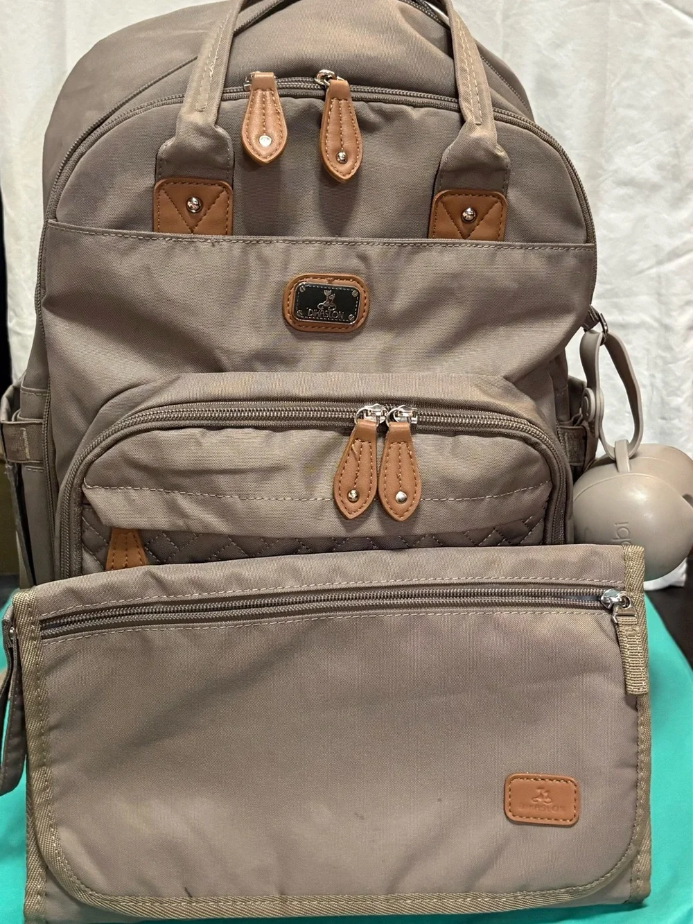 Diaper Backpack in Taupe with Tan Trim by